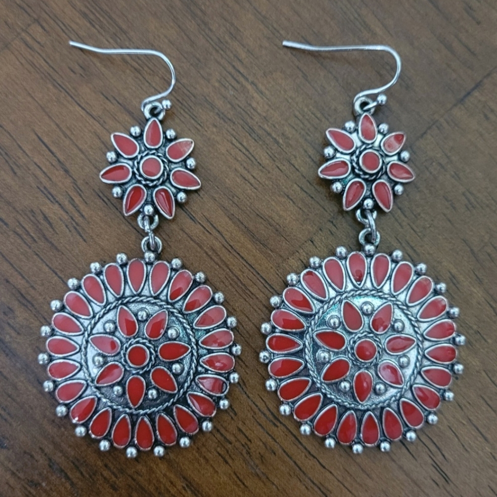 Boho Southwest Red Squash Blossom Earrings New